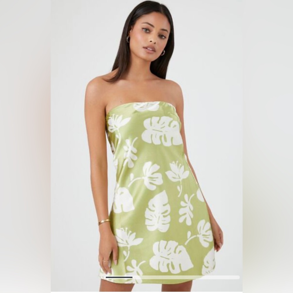Satin tropical print mini dress